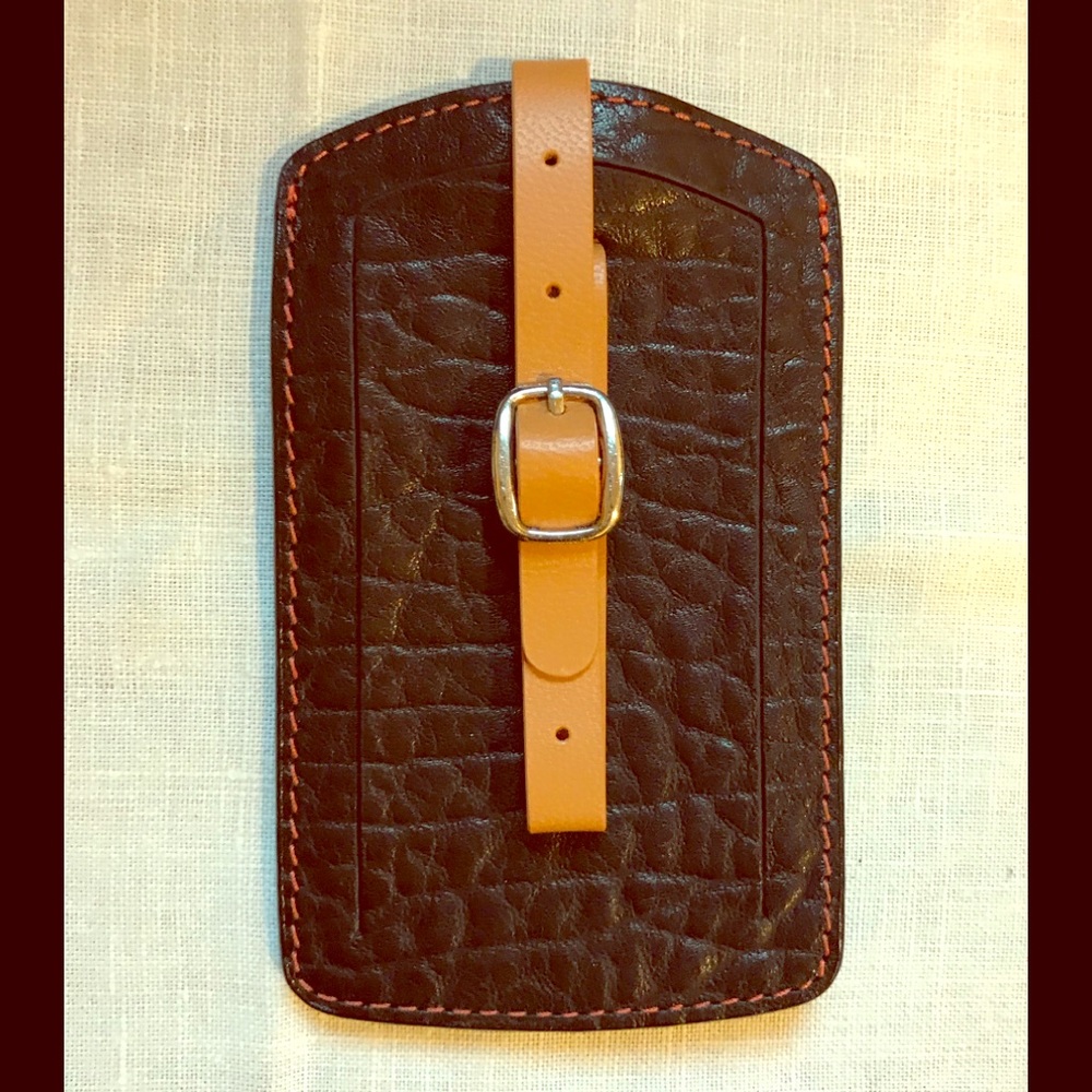 Tusk Black and Tan leather luggage tag. New.